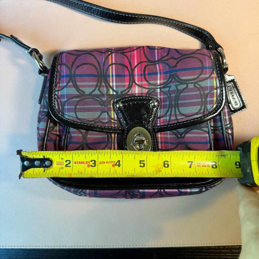 Coach Plaid Signature Turnlock Shoulder Bag Pink Purple Black Small Purse - Picture 12 of 12